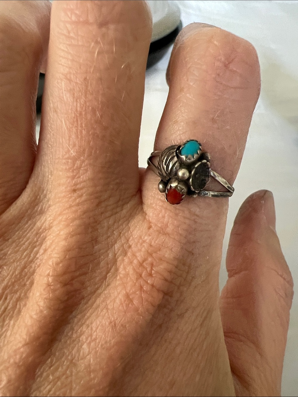 Sterling Silver Turquoise and Coral Cluster Ring - Women's Jewelry